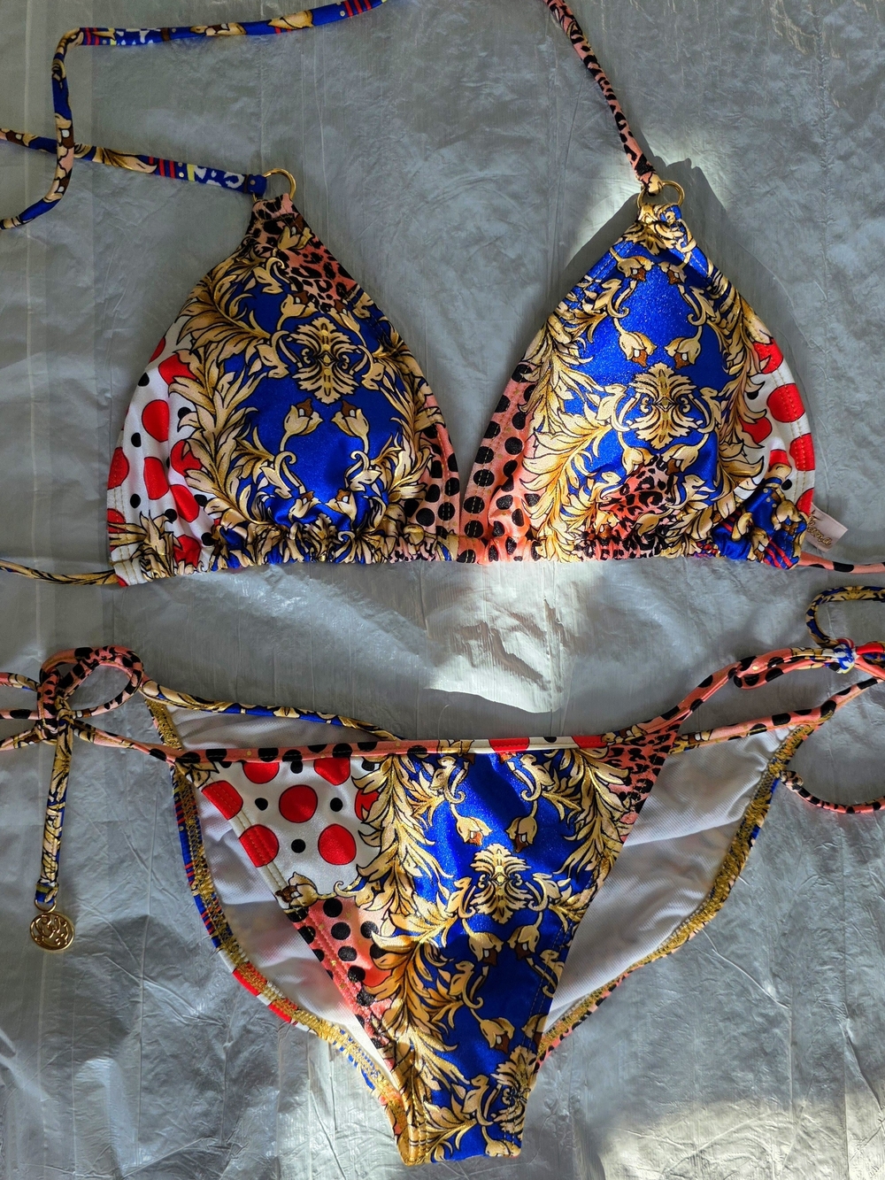 NWOT Luli Fama Blue, Gold & Red Triangle Bikini Set Top L Btm M